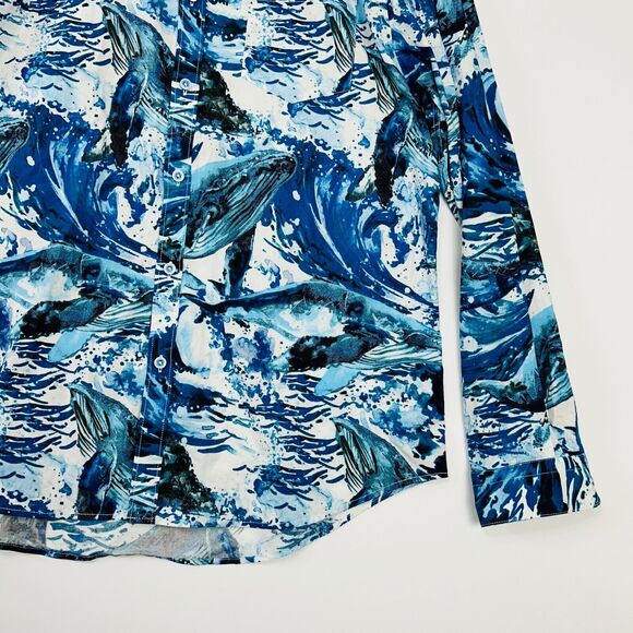 Mens Graphic Button Up Shirt Size XXL Blues Ocean Waves Slim Fit Paisley &‎ Gray - Picture 9 of 16